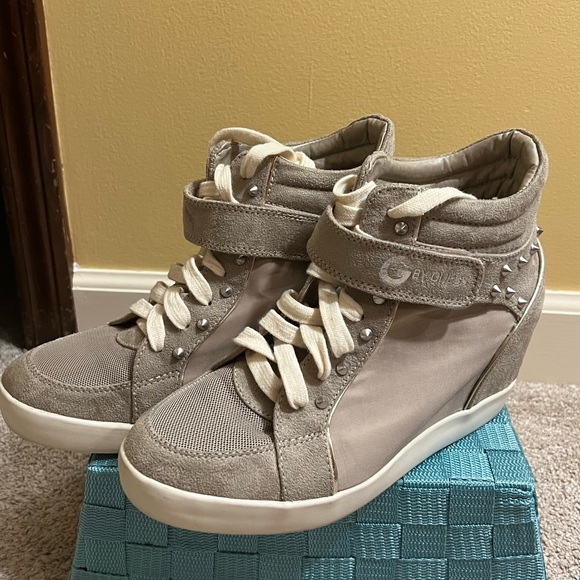 G by Guess Shoes - G by Guess, wedge heel sneaked, lace up, stud accents, size 10